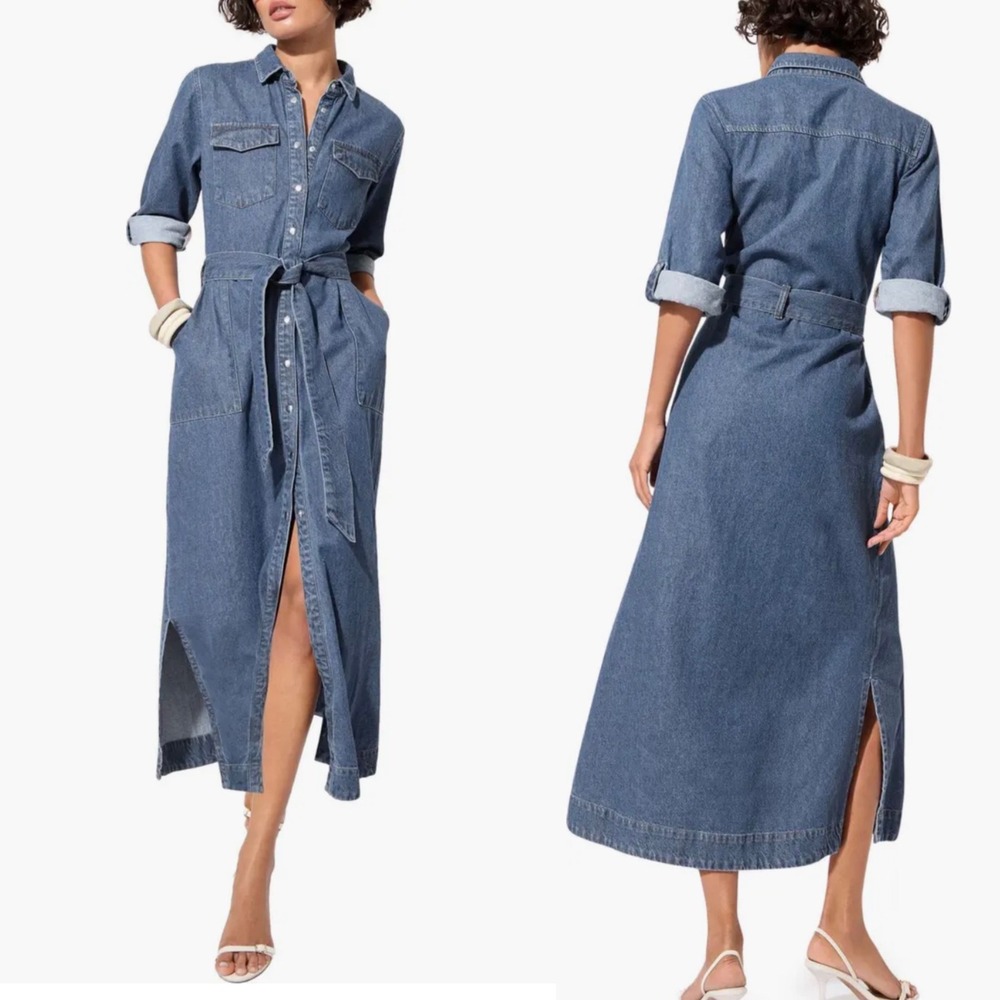 Chambray Button-Front Midi Shirt Dress with Tie Waist - Blue
